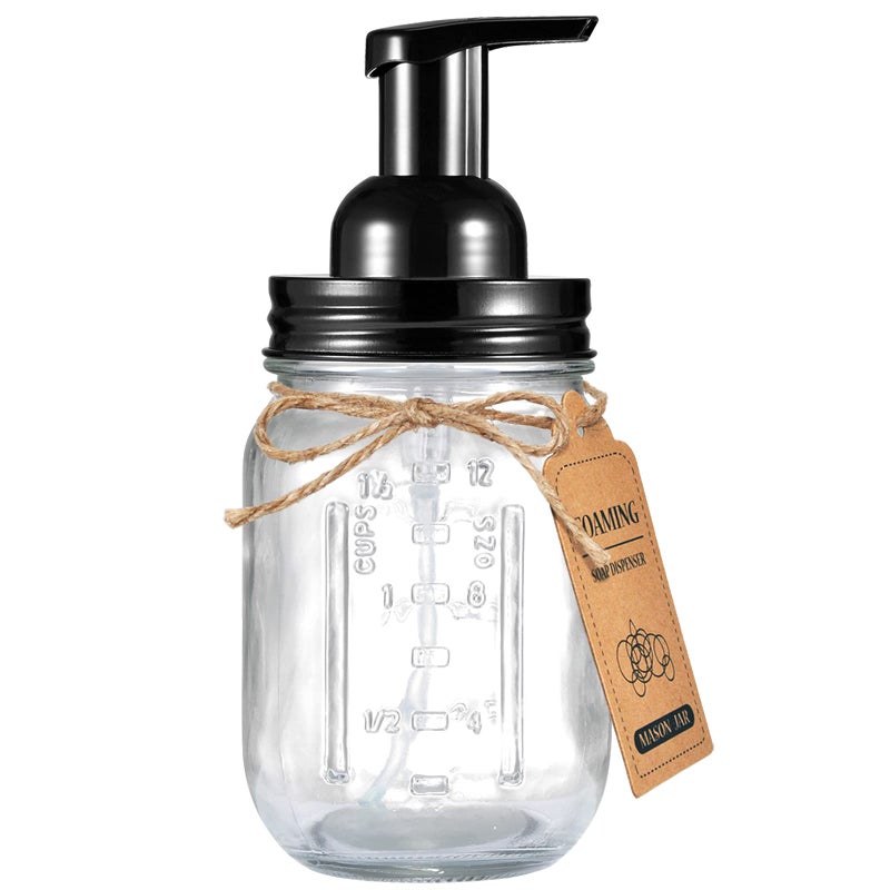 SheeChung Mason Jar Foaming Soap Dispenser-Rustproof Stainless Steel Lid & Foaming Soap Pump, Refill Foam Hand Soap Dispenser Glass for Bathroom Kitchen Vanities, Countertops-Black (1 pk) - Image 1